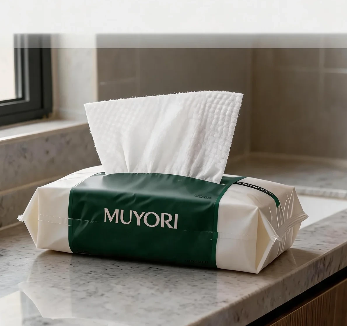 MUYORI facial towel soft pouch with sheet pulled through the opening